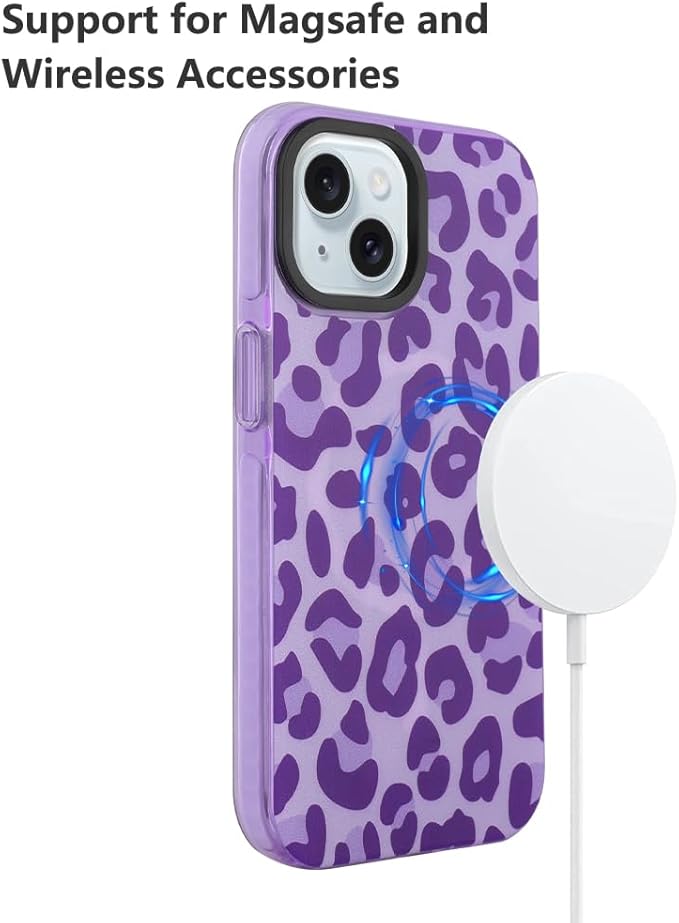 SAKUULO Magnetic for iPhone 15 Case Dark Purple Leopard Print Pattern [Compatible with MagSafe] Wireless Charge Strengthen Protection Cover, Purple Leopard (6.1")