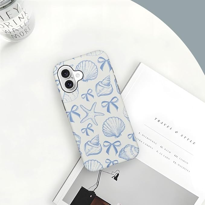 DAIZAG Case Compatible with iPhone 16,Fit Shockproof Cover for Women Girls,Blue Seashell Bow