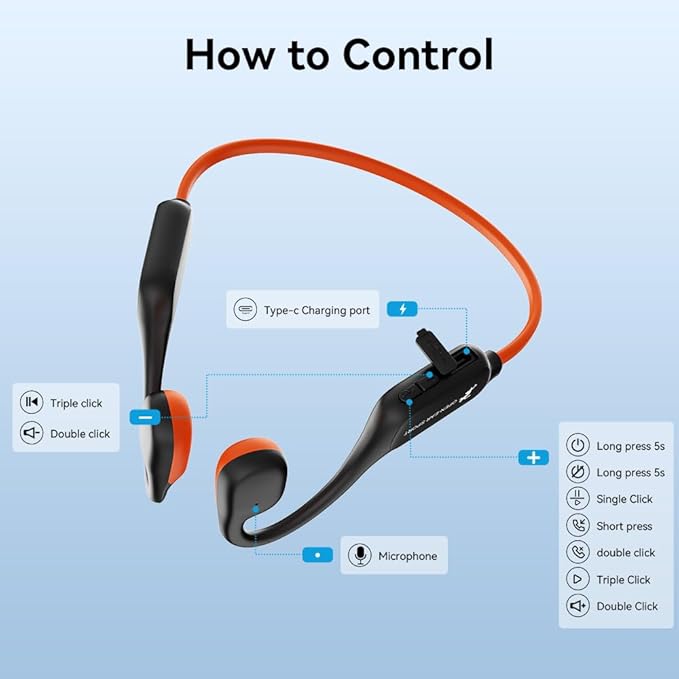 Bone Conduction Headphones, Open Ear Headphones Bluetooth5.4 with Mic, 15H Playtime, IPX6 Sweat Resistant Wireless Earphones, for Workouts and Running, Orange