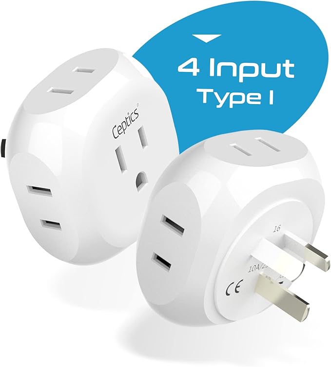 Ceptics Australia, New Zealand, China Travel Plug Adapter - 4 Input - Ultra Compact - Light Weight - USA to Any Type I Countries Such as New Zealand and More - 2 Pack (PT-16), White