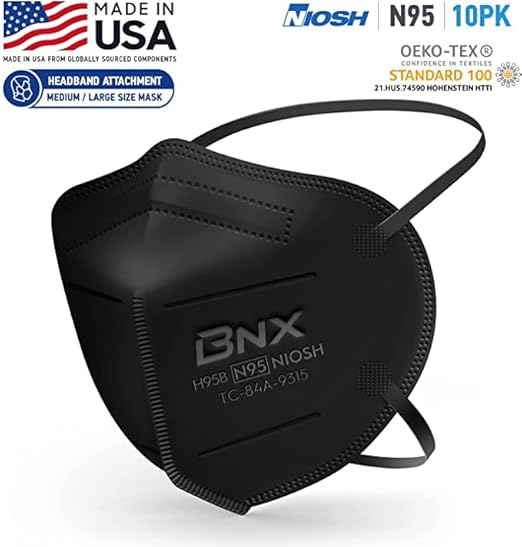 AccuMed BNX N95 Mask Black MADE IN USA Particulate Respirator Protective Face Mask (10-Pack, Approval Number TC-84A-9315 / Model H95B)