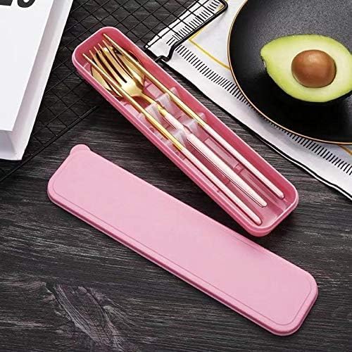 4 Pcs Portable Stainless Steel Tableware Set, Dishwasher Safe Reusable Flatware Cutlery Set, Include Fork Spoon Chopsticks with box (Golden pink)