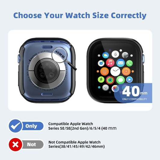 2 in 1 Waterproof Case for Apple Watch Screen Protector SE SE 2 SE 3(2025) Series 4 5 6 40mm Built-in Tempered Glass [Overal Protective] Ultra-Thin PC Bumper Cover Compatible iWatch