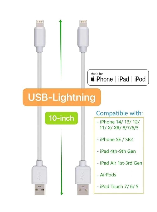 10-Pack Multi Short USB Cables & TypeC-C Cables for Charging Stations Compatible/w iPhone16/15, iPhone5-14/ iPads/iPad mini/iPad Pros/Samsung Moblies & Tablets/Pixel & Nexus/HTC/Sony(White)