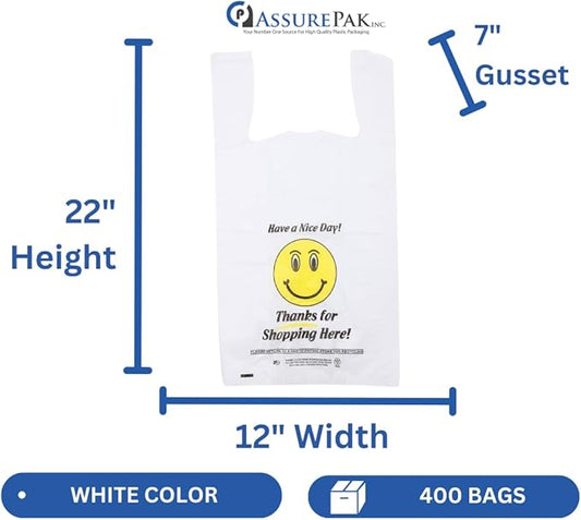 Easy Open - 400 Bags - White Happy Face/Smiley Face HDPE T-Shirt Bags - Full Size - 1/6 BBL 12"X7"X22"- 15 microns - White - HF1272215M-EO - AssurePak