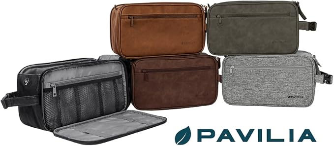 PAVILIA Toiletry Bag for Men, Travel Essentials Shaving Dopp Kit, Mens Travel Bag Toiletries Organizer Case for Grooming, PU Leather Water Resistant Cosmetic Bag Pouch (XL, Black)