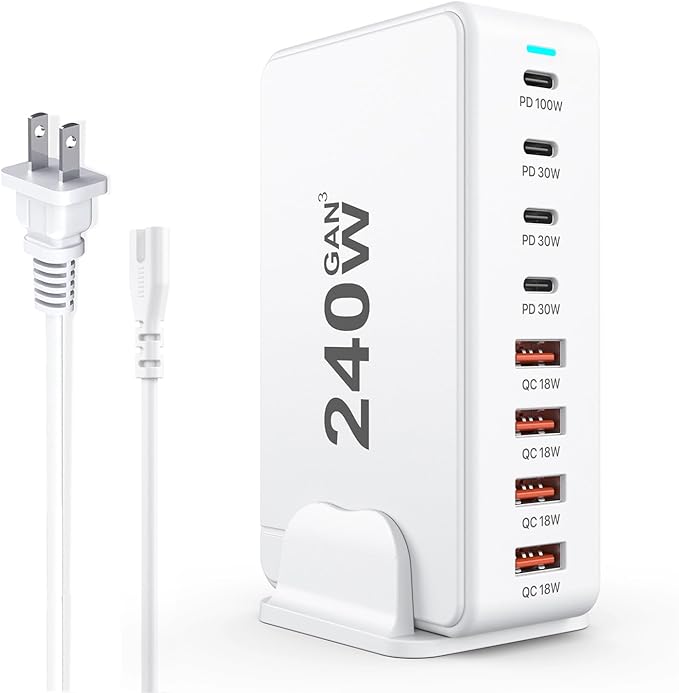 USB C Charger, 240W GaN 8 Port USB Fast Block, PD100W Multi-Port Charging Station, Power Adapter Plug for Samsung/iPhone/Google, Laptop Charger for MacBook Pro/Air