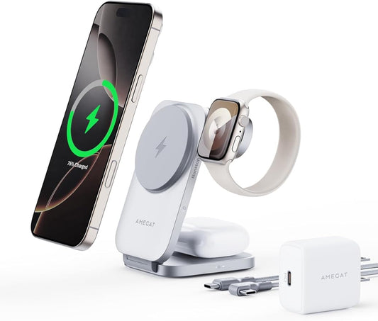 MagFusion Z 3-in-1 Charging Station Compatible with MagSafe, 15W Wireless Foldable Charger Qi2 Certified, Magnetic Charger for iPhone 17/16/15/14/13/12, AirPods 4/3/2/Pro, Apple Watch, Silver