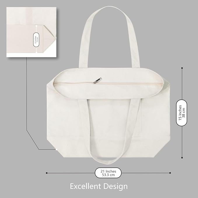 TOPDesign 6-Pack Canvas Tote Bags with an External Pocket, Reusable Grocery Shopping Bags, Top Zipper Closure, Daily Essentials (Natural)