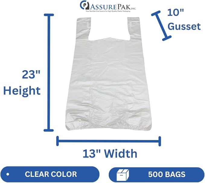 Easy Open - Stock T-Shirt Plastic Bag - Clear - 13"x10"x23" with handles – 500 Units – 14 Microns - 1/5 BBL – Perfect for Grocery Shopping and Store Purchases