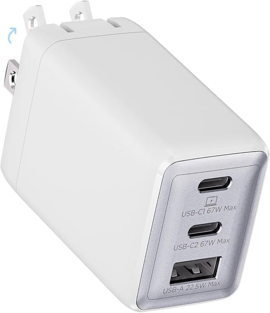 67W USB C Charger, 3-Port GaN Fast Charging Block with Foldable Plug, Compatible with MacBook Pro/Air, iPad Pro, iPhone 16/15/Pro, Galaxy S25/S24, Note20, Pixel, Apple Watch, (White)