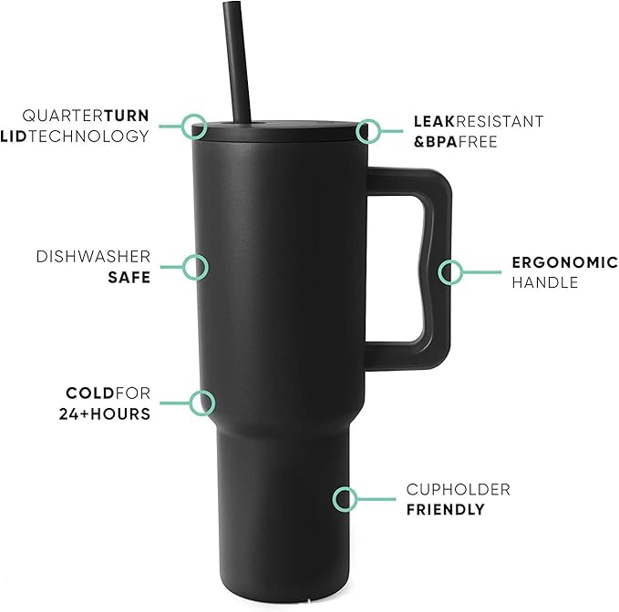Outdoor Tumbler, 40 oz, Double-Wall Insulated, Ergonomic Handle with Lid Straw (Black)