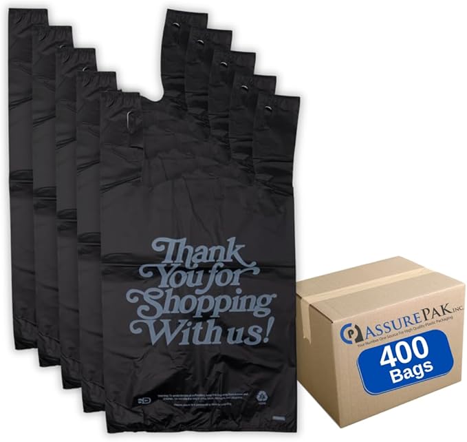 Black 'Thank You' HDPE T-Shirt Bags with Handles - 400 Bags – 1/5 BBL Size 13"x10"x23" – 21 Microns – Thank You Shopping Bags for Retail, Takeout, Restaurant Supplies