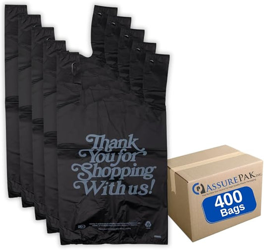 Black 'Thank You' HDPE T-Shirt Bags with Handles - 400 Bags – 1/5 BBL Size 13"x10"x23" – 21 Microns – Thank You Shopping Bags for Retail, Takeout, Restaurant Supplies