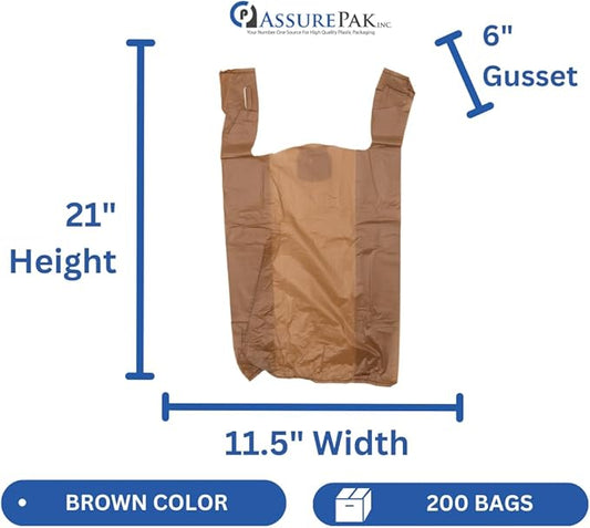 Brown HDPE T-Shirt Plastic Bags for Retail, Groceries, Merchandise, Convenience Store, Supermarket, Restaurant - 1/6 BBL, 11.5"X6"X21" - Pack of 200 Bags, 13 Microns - Unprinted (Brown)