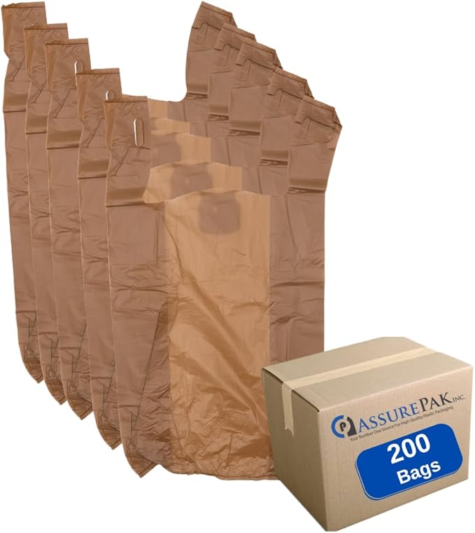 Brown HDPE T-Shirt Plastic Bags for Retail, Groceries, Merchandise, Convenience Store, Supermarket, Restaurant - 1/6 BBL, 11.5"X6"X21" - Pack of 200 Bags, 13 Microns - Unprinted (Brown)