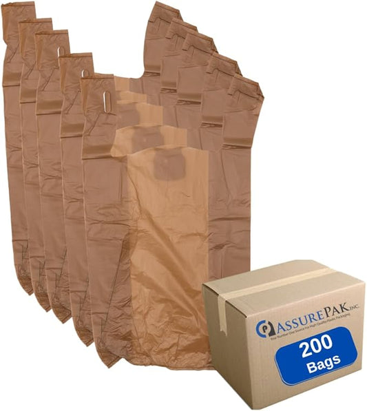 Brown HDPE T-Shirt Plastic Bags for Retail, Groceries, Merchandise, Convenience Store, Supermarket, Restaurant - 1/6 BBL, 11.5"X6"X21" - Pack of 200 Bags, 13 Microns - Unprinted (Brown)