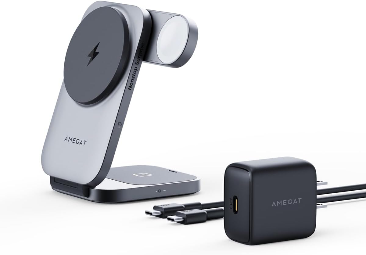3 in 1 Charging Station, MagFusion Z Foldable Qi2 Certified 15W Wireless Charger Stand Compatible with MagSafe for iPhone 17/16/15/14/13/12, Apple Watch, AirPods (30W PD Charger Included)