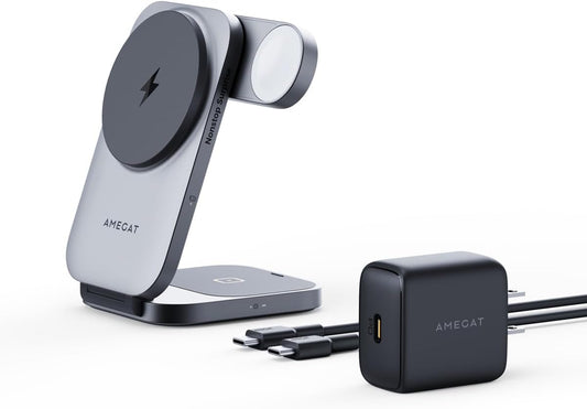 3 in 1 Charging Station, MagFusion Z Foldable Qi2 Certified 15W Wireless Charger Stand Compatible with MagSafe for iPhone 17/16/15/14/13/12, Apple Watch, AirPods (30W PD Charger Included)
