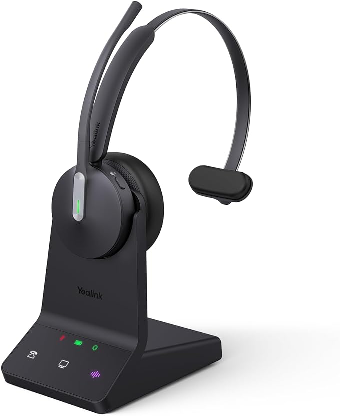 Yealink WH64 DECT & Bluetooth Mono UC Wireless Headset, 606ft Long Range Work Headphones, 3X Noise Cancelling Mic, 26H Calls,Ringtone, Office Single On Ear Headsets (Desk Phone,Laptop,PC,Cellphone)