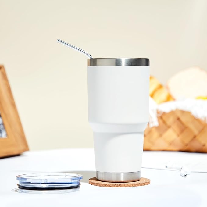 MEWAY 30oz Insulated Tumbler With Lids and Straws,Stainless Steel Double Vacuum Coffee Tumbler Cup, Brush, Durable Powder Coated Coffee Cup for Cold & Hot Drinks, Office, Travel(White,12 PACK)