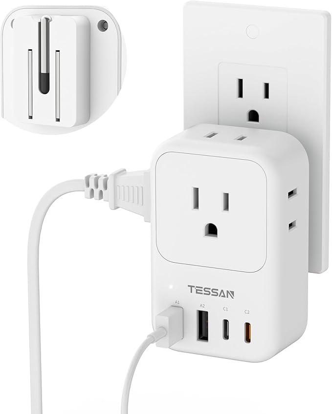 USB C Charger Block 20W PD, TESSAN Foldable Wall Charger with 4 USB Ports and 4 AC Outlet Extender, Multi Charging Station for Cruise, Home, Office, Dorm Room Essentials, White