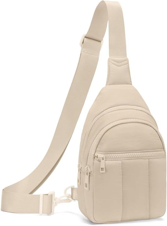 Quilted Puffer Crossbody Bags for Women Small Puffy Sling Bag Lightweight Cross Body Bubble Purse Shoulder Bag for Travel (Beige)