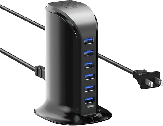 VPSUN USB Charger 6 Port 25W Multi USB Tower Charging Station for Multiple Devices iPhone 15/14/14 Pro/14 Pro Max/13 Pro/13 Pro Max/Android/Samsung/Tablet,etc (Black, 25W)