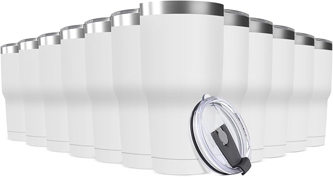 30oz Stainless Steel Travel Mug with Lid, 12 Pack Double Wall Vacuum Insulated Bulk Tumbler, Powder Coated Coffee Cup Suitable for Vehicle Cup Holders (White)