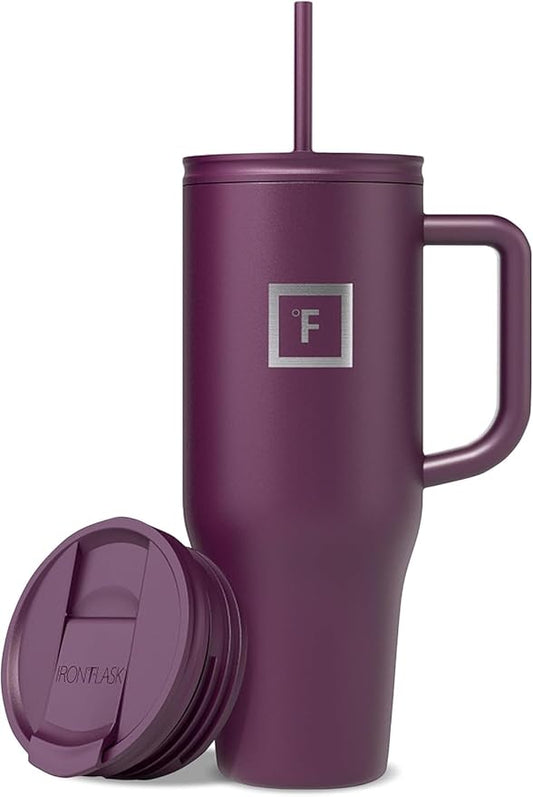 IRON °FLASK Co-Pilot Insulated Mug w/Straw & Flip Cap Lids - Cup Holder Bottle for Hot, Cold Drink - Leak-Proof - Water, Coffee Portable Travel Mug - Burgundy, 40 Oz