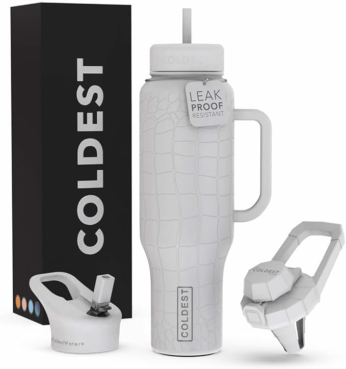 Coldest Tumbler with Handle and Straw - 100% Leak Proof Insulated Tumbler with Lid and Straw (3 Lids) - Stainless Steel Tumblers for Women & Men - Cup Holder Friendly Base, 46 oz (White Croc)