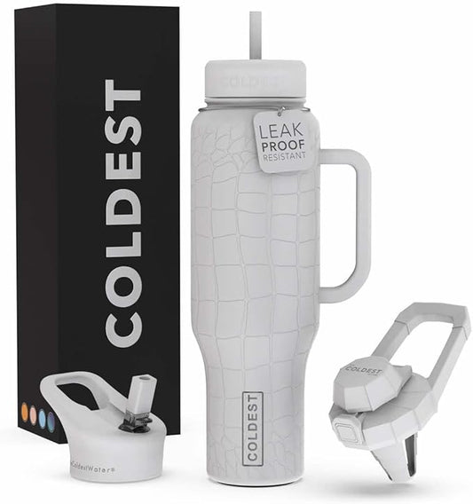 Coldest Tumbler with Handle and Straw - 100% Leak Proof Insulated Tumbler with Lid and Straw (3 Lids) - Stainless Steel Tumblers for Women & Men - Cup Holder Friendly Base, 46 oz (White Croc)