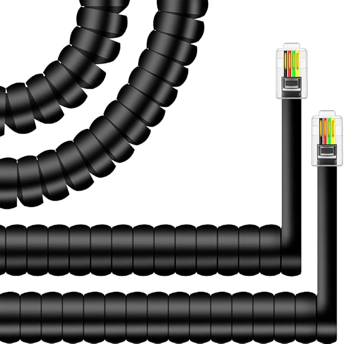 NECABLES 2Pack Phone Cord for Landline Telephone Handset Cord High Elastic Curly Coiled Phone Cable RJ9 4P4C Male to Male Black