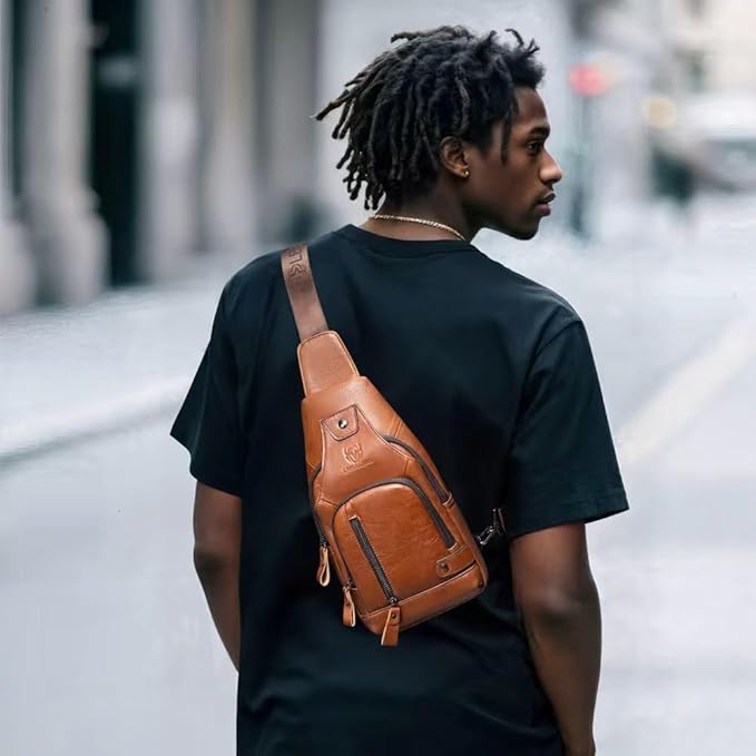 Sling Bag for Men Genuine Leather Chest Bag Crossbody Backpack Travel Hiking Outdoor Sports