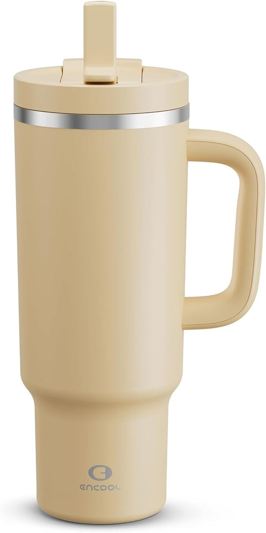 40 oz Tumbler with Handle and Straw: Stainless Steel Insulated Tumbler Keeps Cold for 24 Hours, Leakproof Travel Cup Fits in Cup Holder and BPA-Free, Indian Khaki
