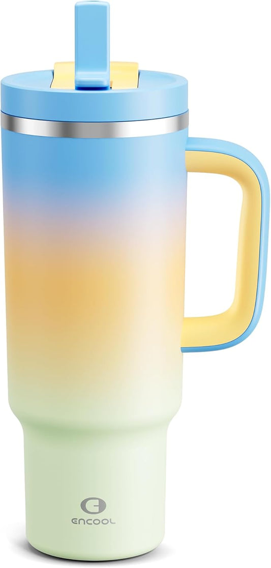 40 oz Tumbler with Handle and Straw: Stainless Steel Insulated Tumbler Keeps Cold for 24 Hours, Leakproof Travel Cup Fits in Cup Holder and BPA-Free, Sunny Breeze