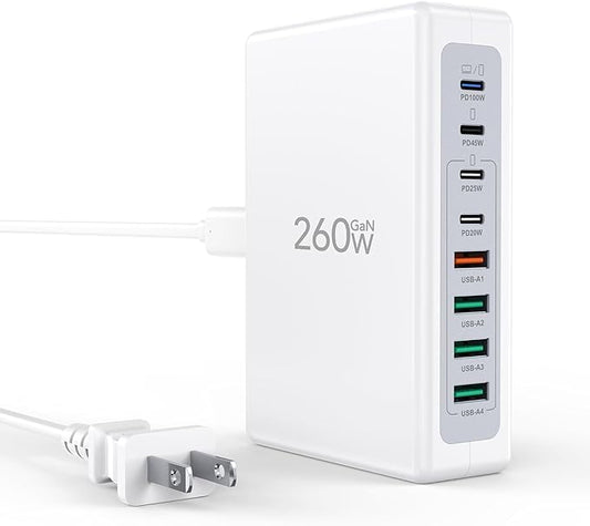 260W USB C Charger Block, GaN USB 8-Port Fast Charging Station Hub, QC 4.0 Fast Charging Cube+PD 100W 65W C Laptop Charger for MacBook Pro Air iPad iPhone 16/15/14/13/12/Pro Max Plus,Galaxy