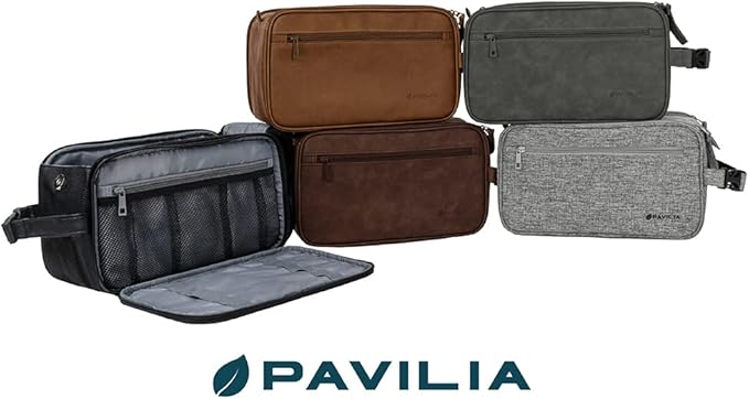 PAVILIA Toiletry Bag for Men, Travel Essentials Shaving Dopp Kit, Mens Travel Bag Toiletries Organizer Case for Grooming, PU Leather Water Resistant Cosmetic Bag Pouch (XL, Brown)
