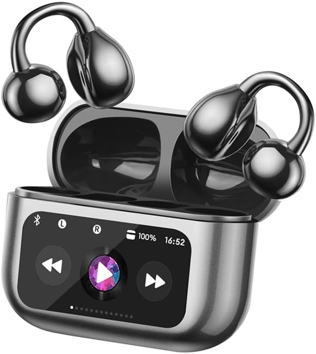 Open Ear Clip On Earbuds Intelligent Touch Color Screen Open Ear Wireless Bluetooth 5.4 Headphones Lightweight Comfort Sport Earbuds Built-in Mic IPX7 Waterproof Earphones for Running Fitness(Black)