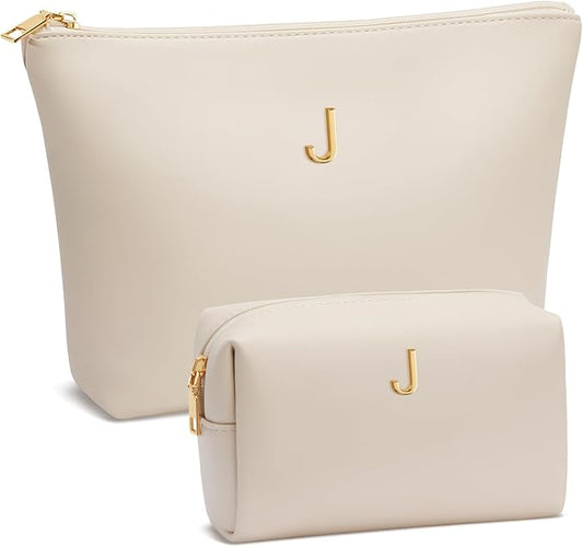 Women Gifts | Initial Makeup Bag Set for Girl Personalized Gifts for Bridesmaid Friend Graduation Teachers PU Leather Cosmetic Travel Toiletry Bag(Beige,J)