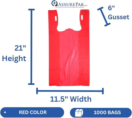 Easy Open - 1000 Bags - Colored Unprinted HDPE T-Shirt Bags - 1/6 BBL 11.5"X6"X21" - 13 microns - Red - Perfect for Groceries, Shopping and Retail Stores LOOP-RED-EO
