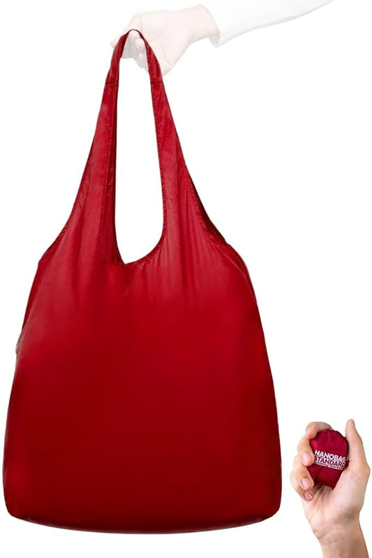 Nanobag Ultra-Lightweight Standard Size Tote Bag for Women & Men, Heavy Duty Reusable Grocery Bag, Foldable Travel Shopping Tote, Packable Cloth Bag with Handles, Washable Market Tote (Burgundy)