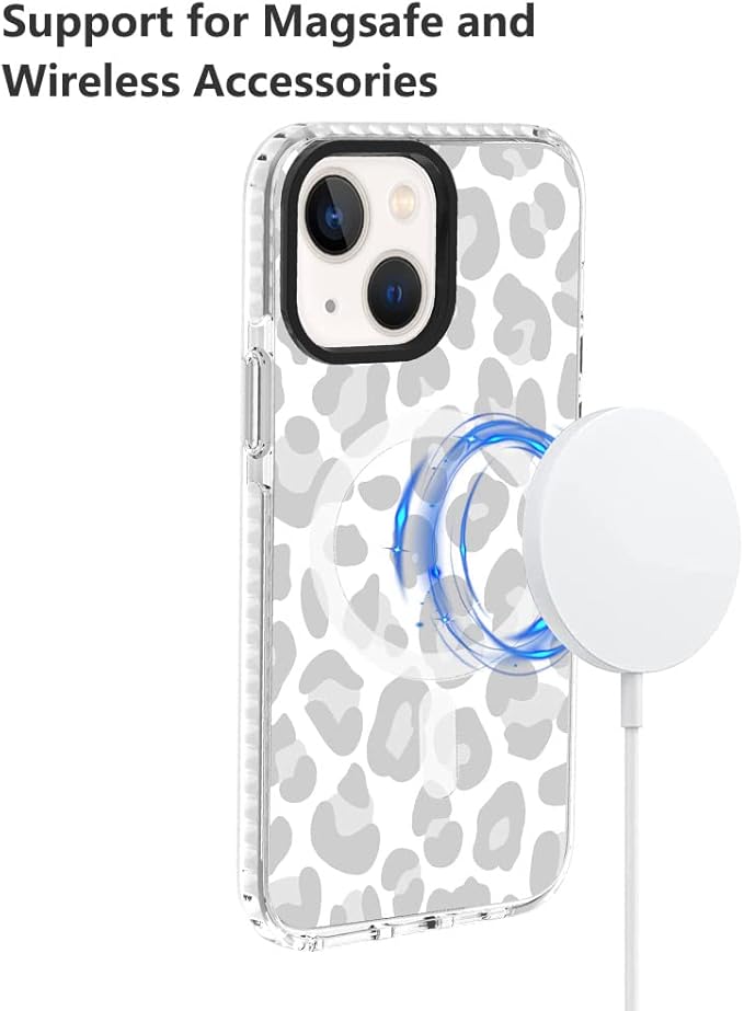 SAKUULO Magnetic for iPhone 13 Case Light Gray Leopard Print Pattern [Compatible with MagSafe] Wireless Charge Slim Shockproof Case for iPhone 13 Phone Case, Gray Leopard (6.1")