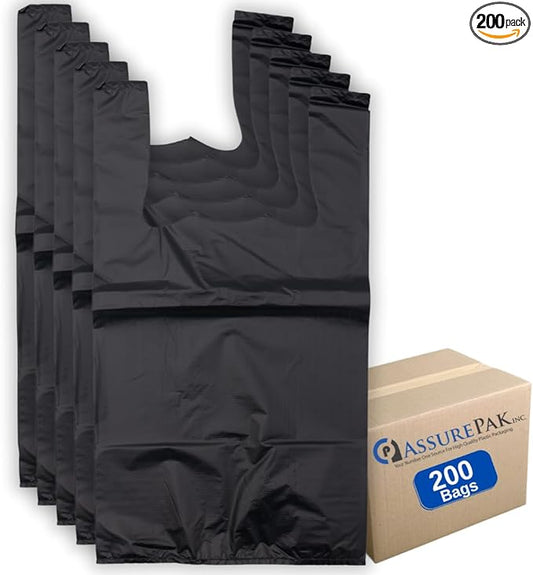 Black Unprinted HDPE T-Shirt Bags - 1/8 BBL 10"X5"X18" - 200 Bags - 30 microns - Black - Perfect for Grocery Shopping and Store Purchases BLK818EHD30M-EO - AssurePak