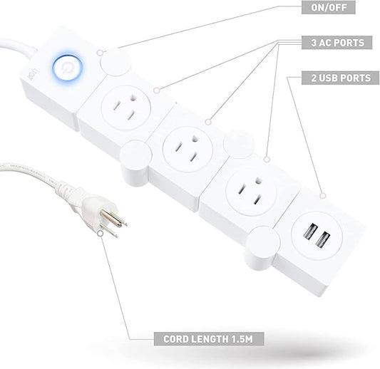 iJoy Flexible Power Strip - 3 AC Outlets and 2 USB Charging Ports with 5 Ft Extension Cord, Power Strip Surge Protector White, Decorative Surge Protector Outlet Extender for Home, Office, and More