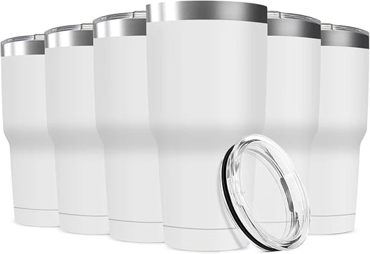 30oz Stainless Steel Travel Mug with Lid, 6 Pack Double Wall Vacuum Insulated Bulk Tumbler, Powder Coated Coffee Cup Suitable for Vehicle Cup Holders(White)
