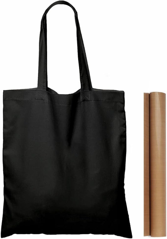 NPBAG 25 Pack 15'' X 16'' Black Cotton Tote Bags, Lightweight Blank Bulk Cloth bags with 1pc of PTFE Teflon Sheet