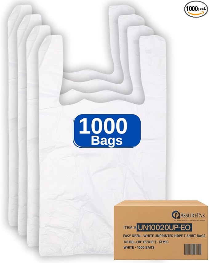 Easy Open - White Unprinted HDPE T-Shirt Bags 10"x5"x18" with handles – 1000 Bags – 13 Microns – Perfect for Grocery Shopping and Store Purchases