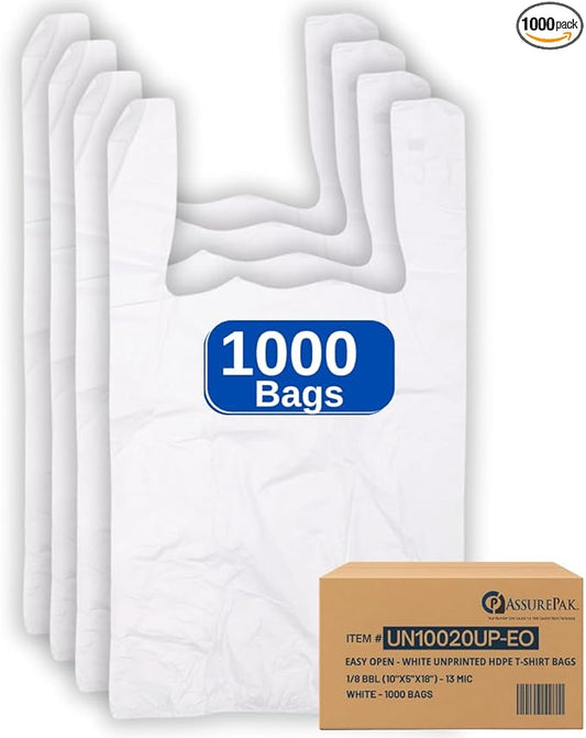 Easy Open - White Unprinted HDPE T-Shirt Bags 10"x5"x18" with handles – 1000 Bags – 13 Microns – Perfect for Grocery Shopping and Store Purchases