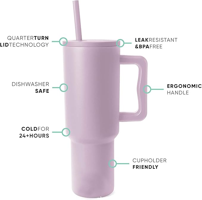Outdoor Tumbler, 40 oz, Double-Wall Insulated, Ergonomic Handle with Lid Straw (Light Purple)